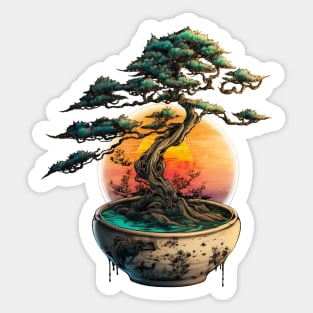 Bonsai World, Bonsai Tree, Sunset Sticker